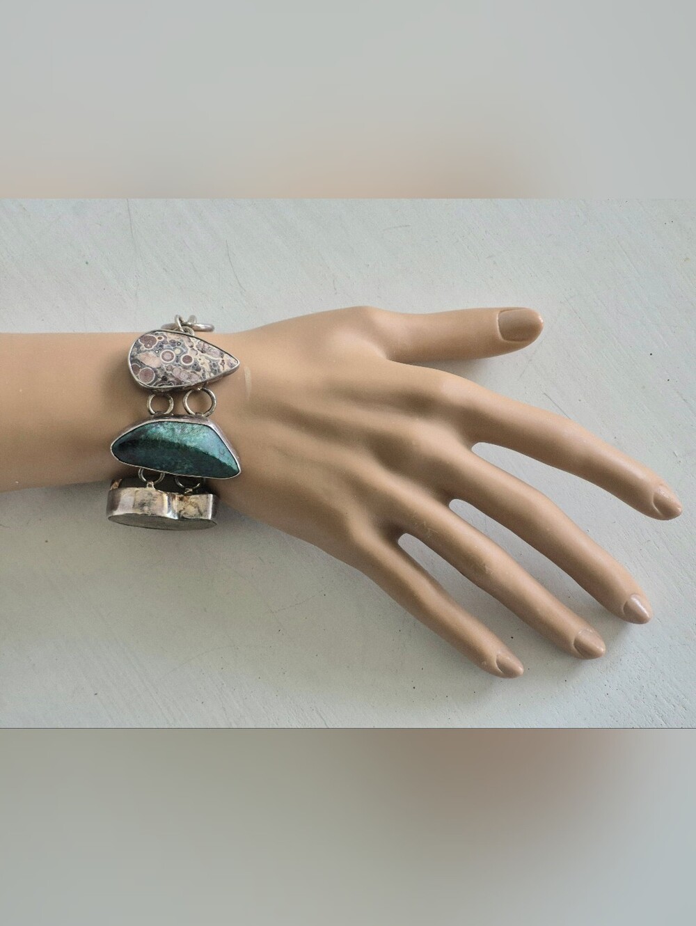 Charles Albert Vintage .925 Sterling Silver Ammonite Fossil & Gemstone Bracelet